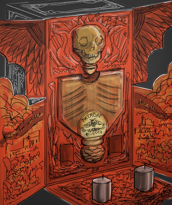 Drawing of an opened red box with a bottle of Patrón tequila inside with a skull at the top of the bottle. 